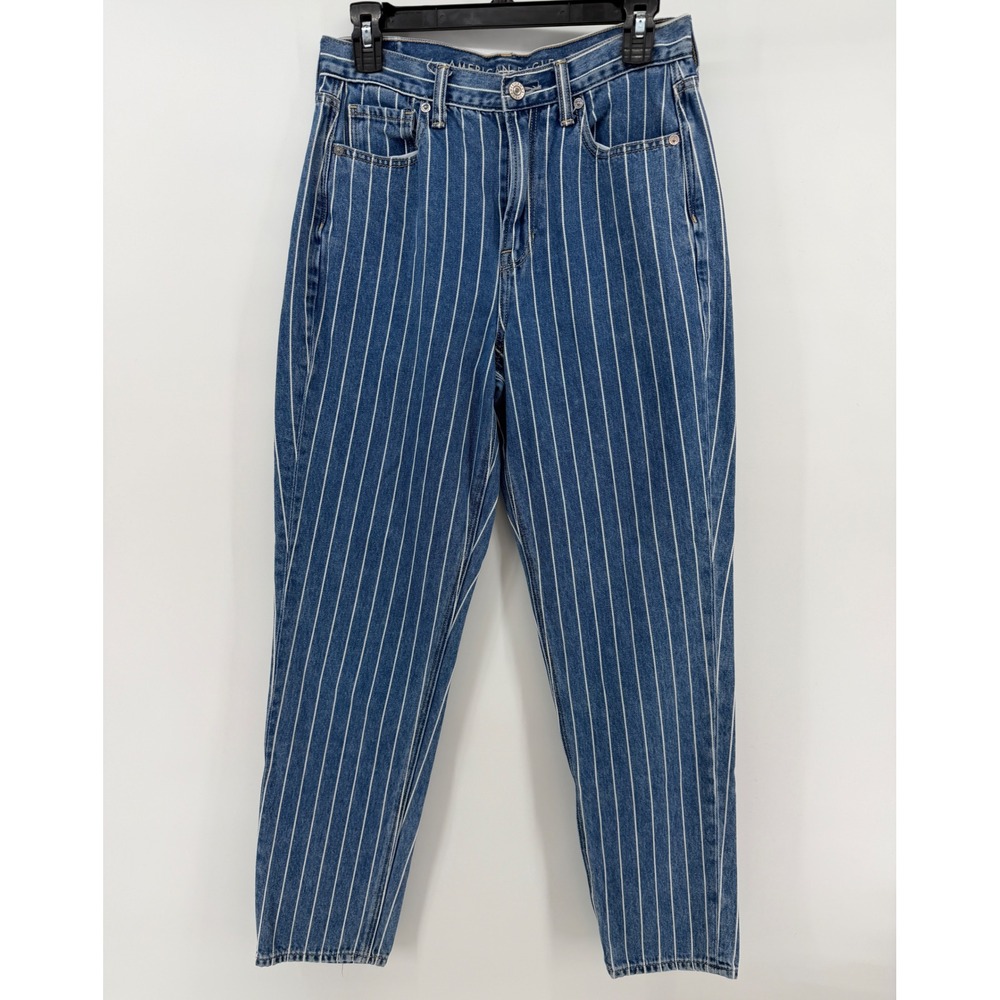 American Eagle Mom Jeans Blue White Pinstripe High Waisted Tapered Leg